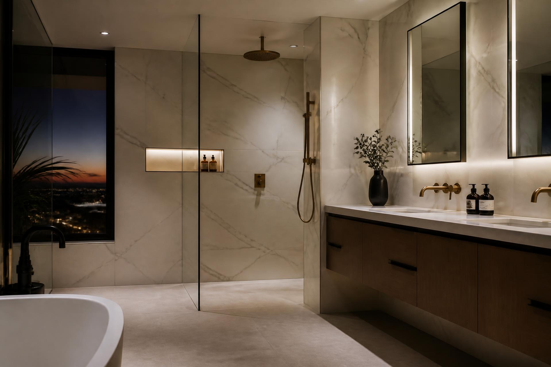 Luxury bathroom remodel with large-format tile and brass fixtures by Prestige Remodels